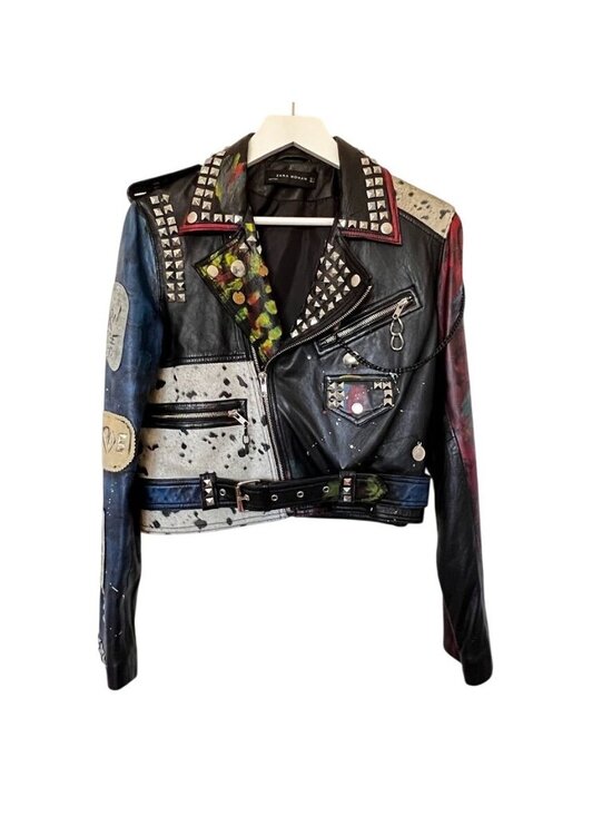 Zara Jackets & Blazers - Zara Women M Ltd Edition Leather Battle Jacket Moto Studded Patchwork Cropped